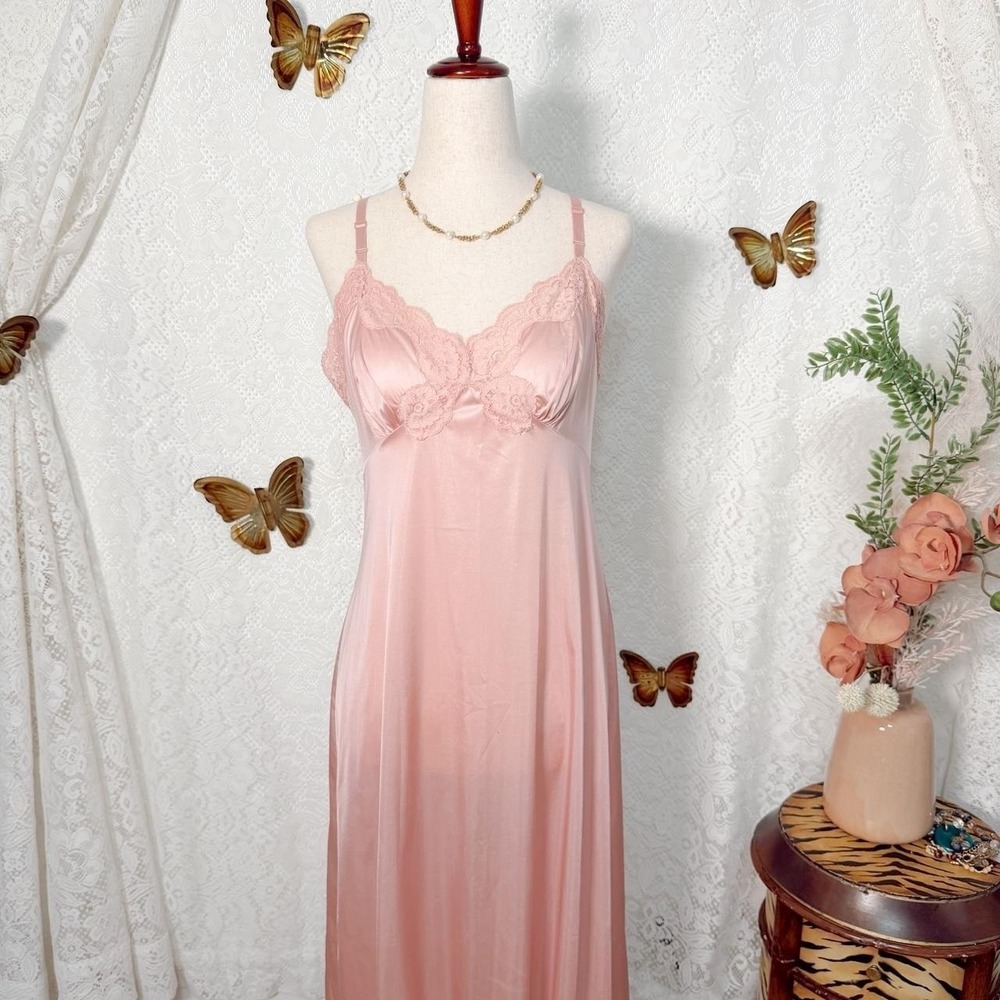 Baby Pink Satin Slip Dress With Lace Details - Picture 1 of 8